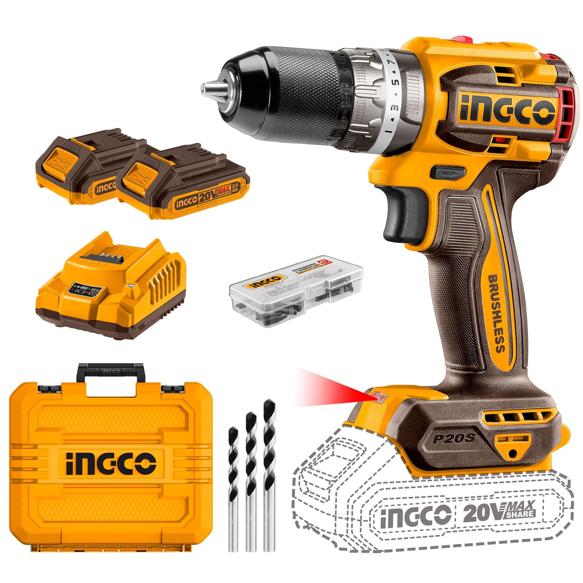 TALADRO PERCUTOR INALAMBRICO BRUSHLESS COMPACTO 20V INGCO